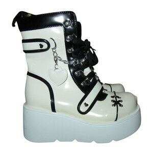Meefit White Punk Grunge Goth Platform Lace Up & Side Zip Ankle Boots Booties 38